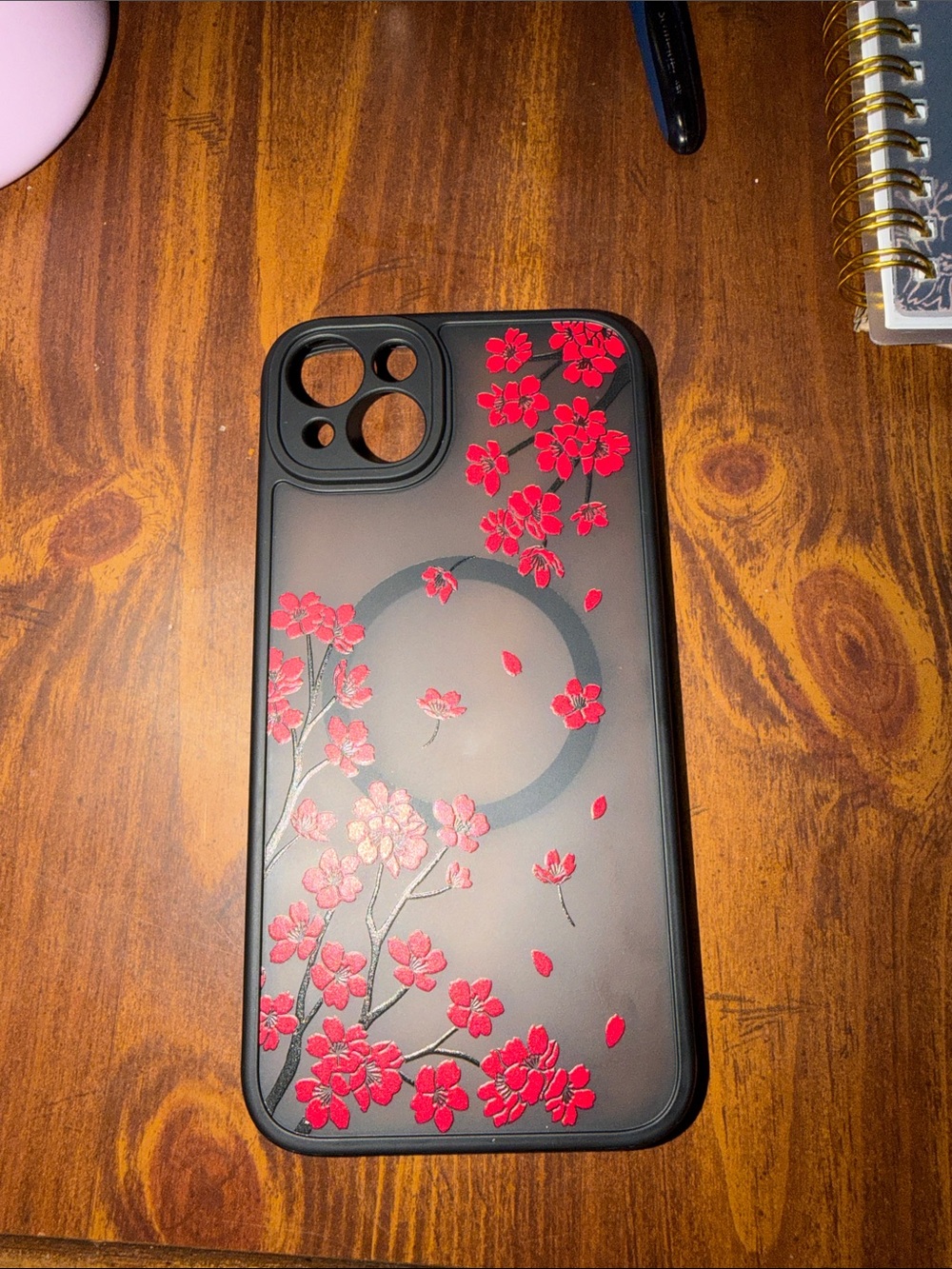 Floral Cherry Blossom iPhone 14 Plus Case - Black with Red Accents